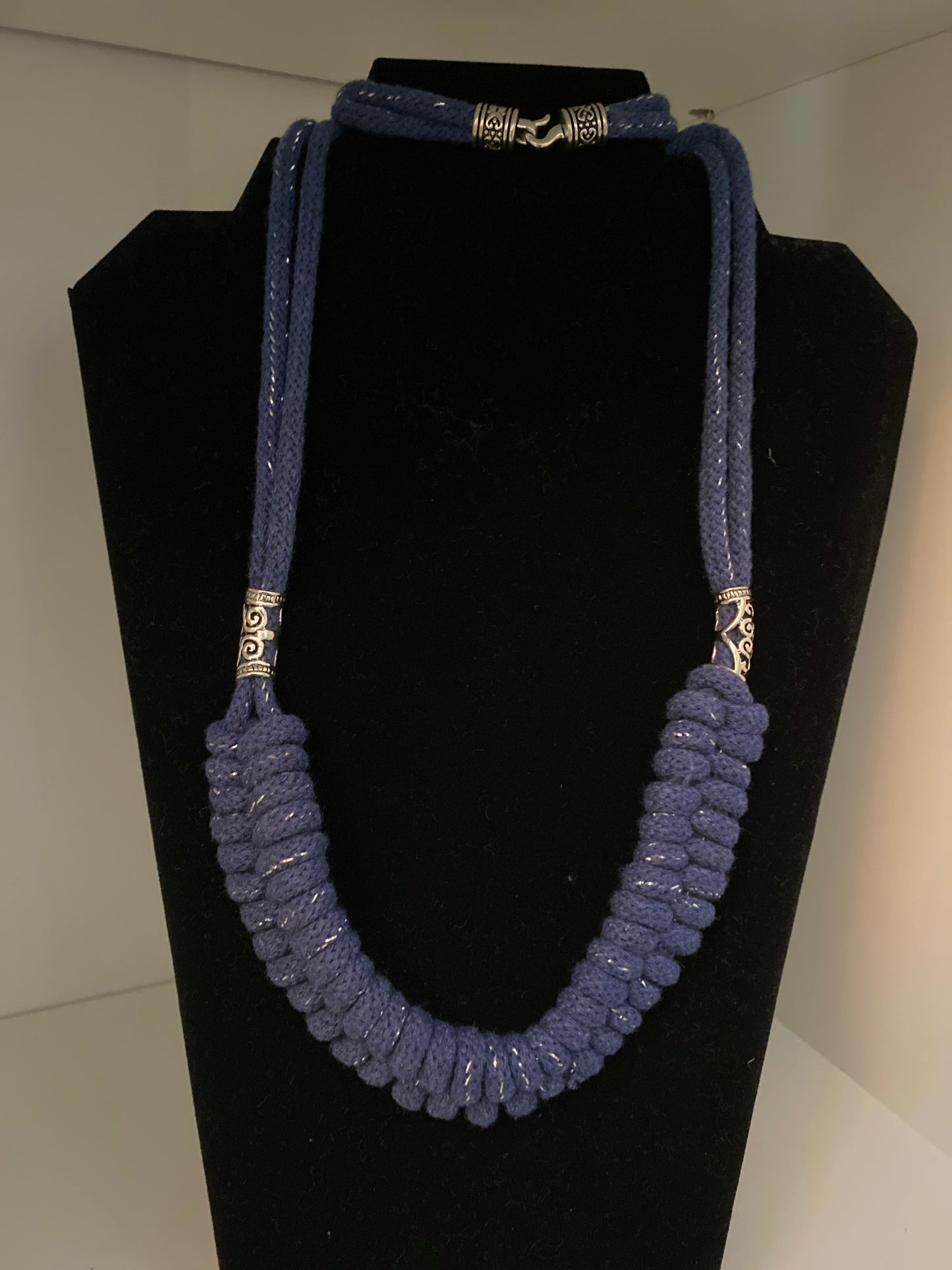 Blue Chunky Knot Necklace with Silver Threads